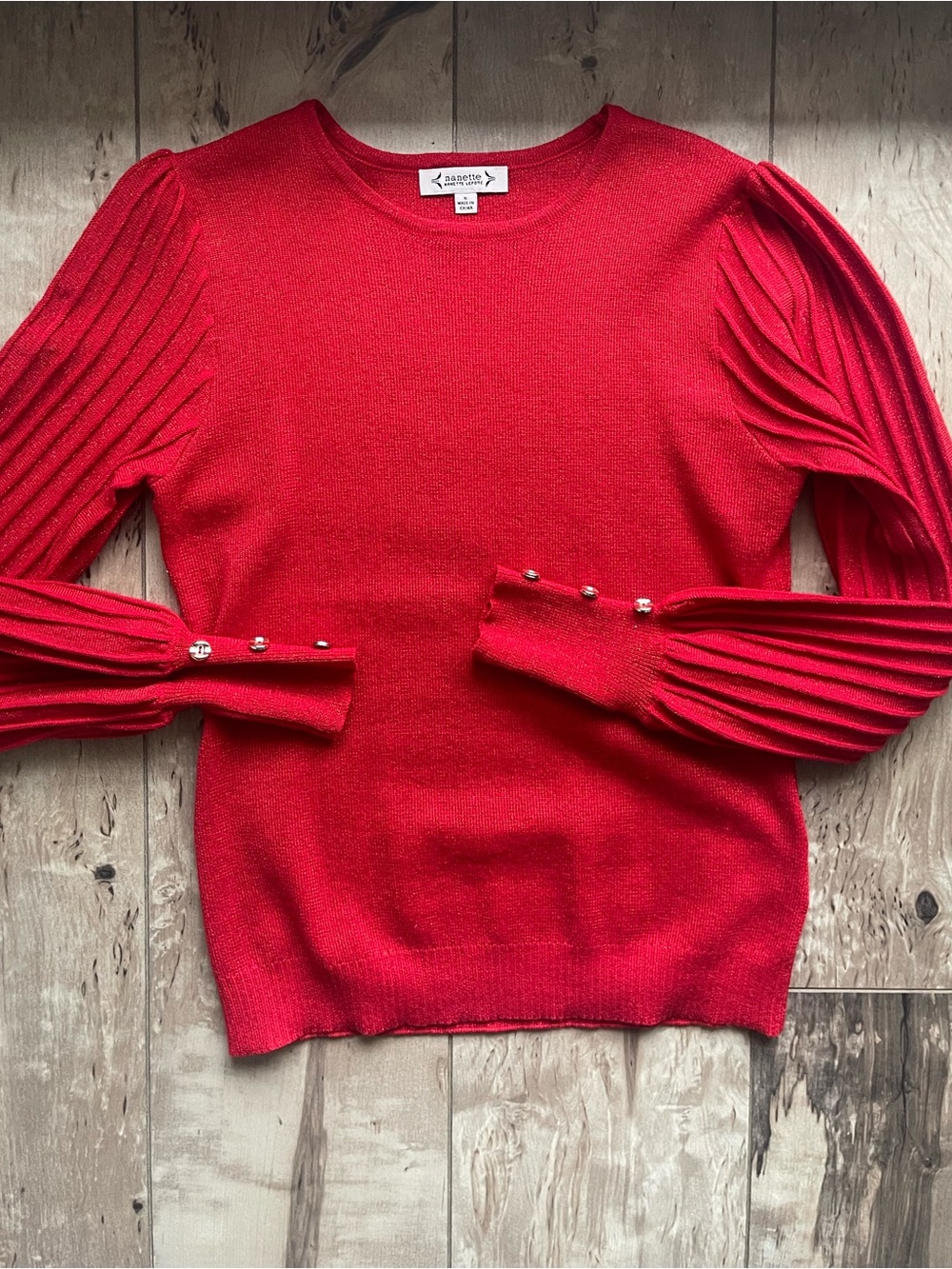 Nanette Lepore Red Pleated Sleeve Crewneck Sweater with Button Cuff Brand New